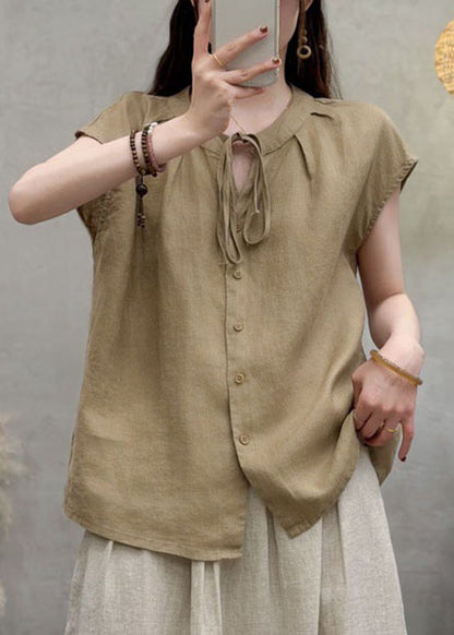Natural Royal Blue O Neck Lace Up Linen Shirts Summer