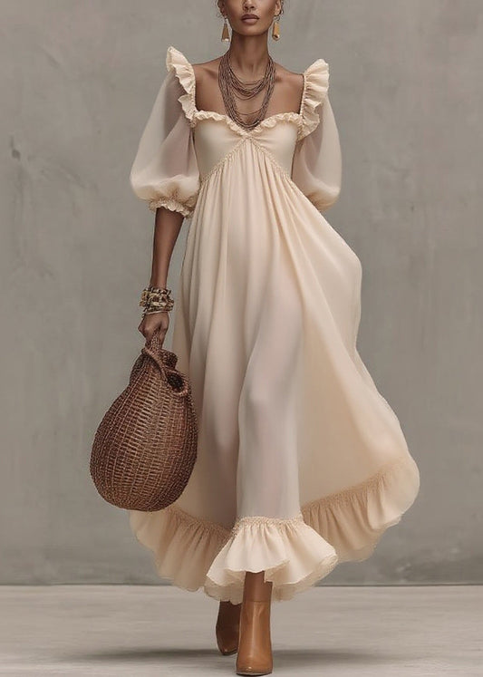 Natural Ruffled Patchwork Party Long Dress Short Sleeve