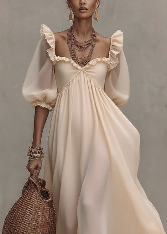 Natural Ruffled Patchwork Party Long Dress Short Sleeve