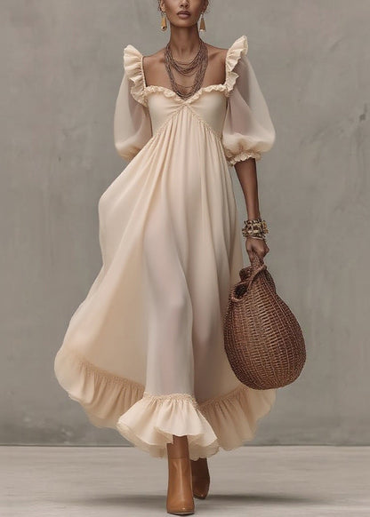 Natural Ruffled Patchwork Party Long Dress Short Sleeve