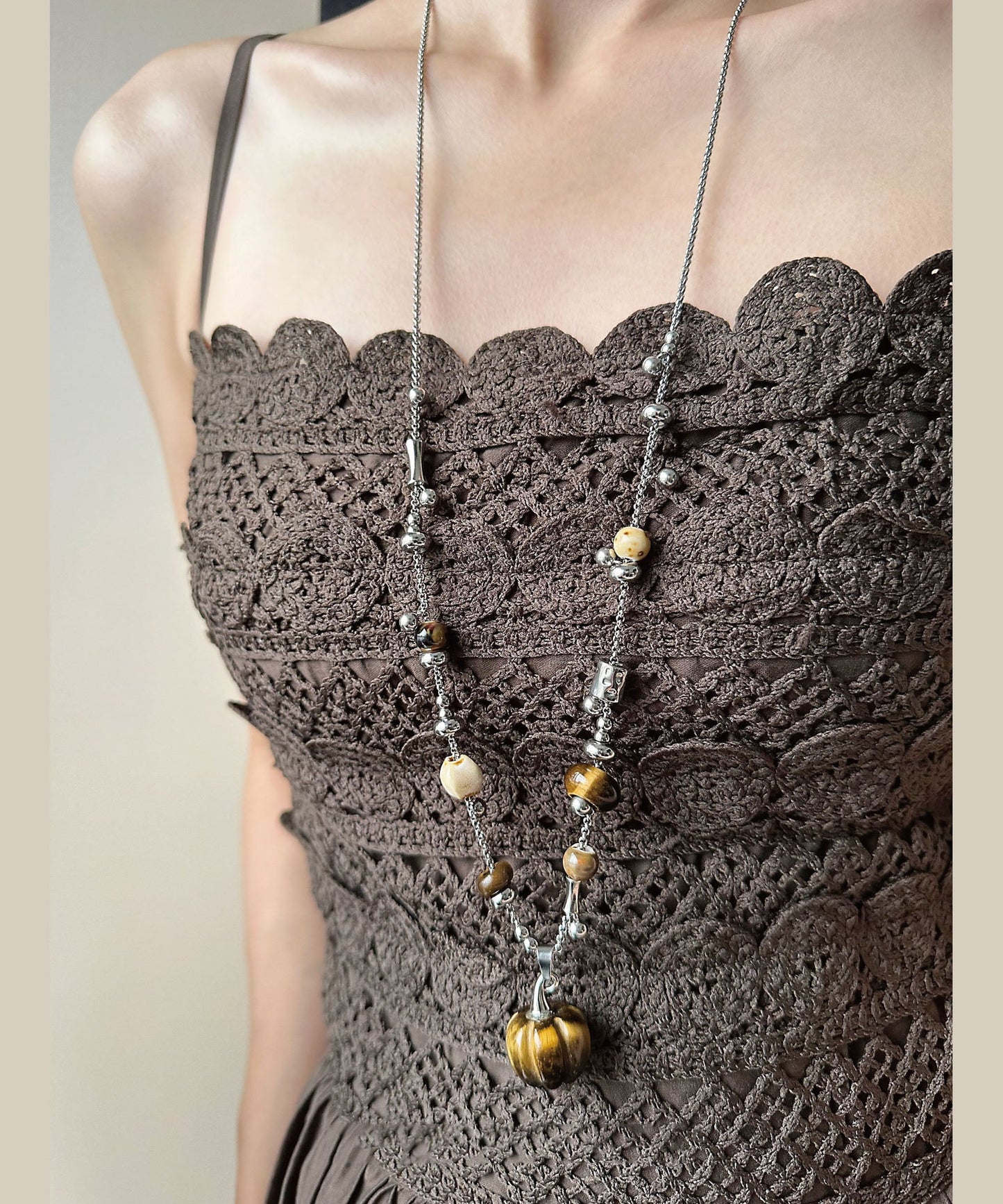 Natural Stone Pendant Titanium Steel Long Necklace