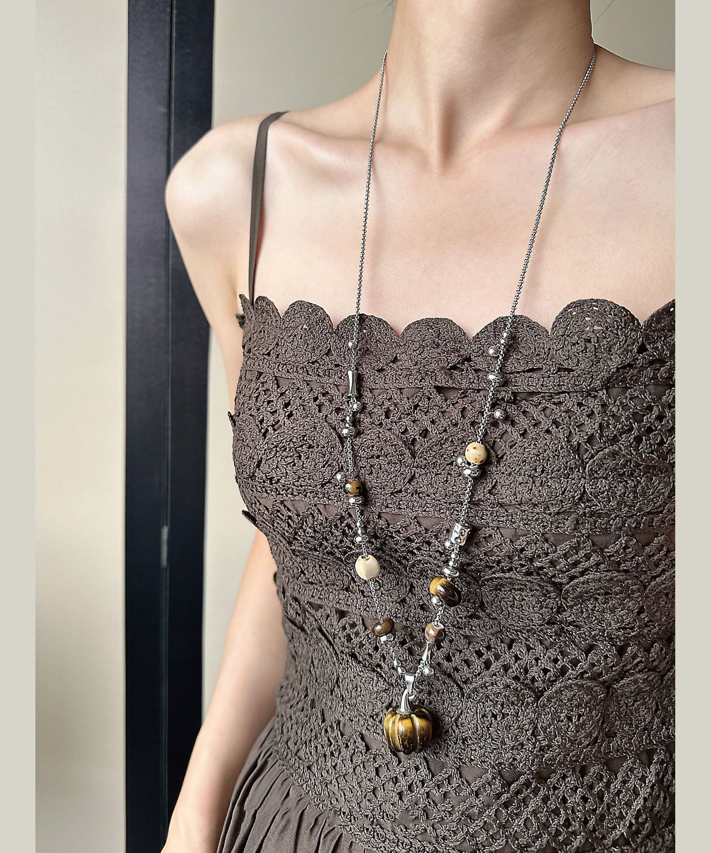 Natural Stone Pendant Titanium Steel Long Necklace