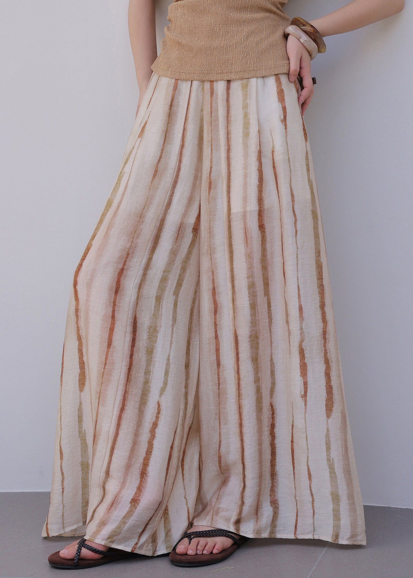 Natural Striped High Waist Wide Leg Pants Summer