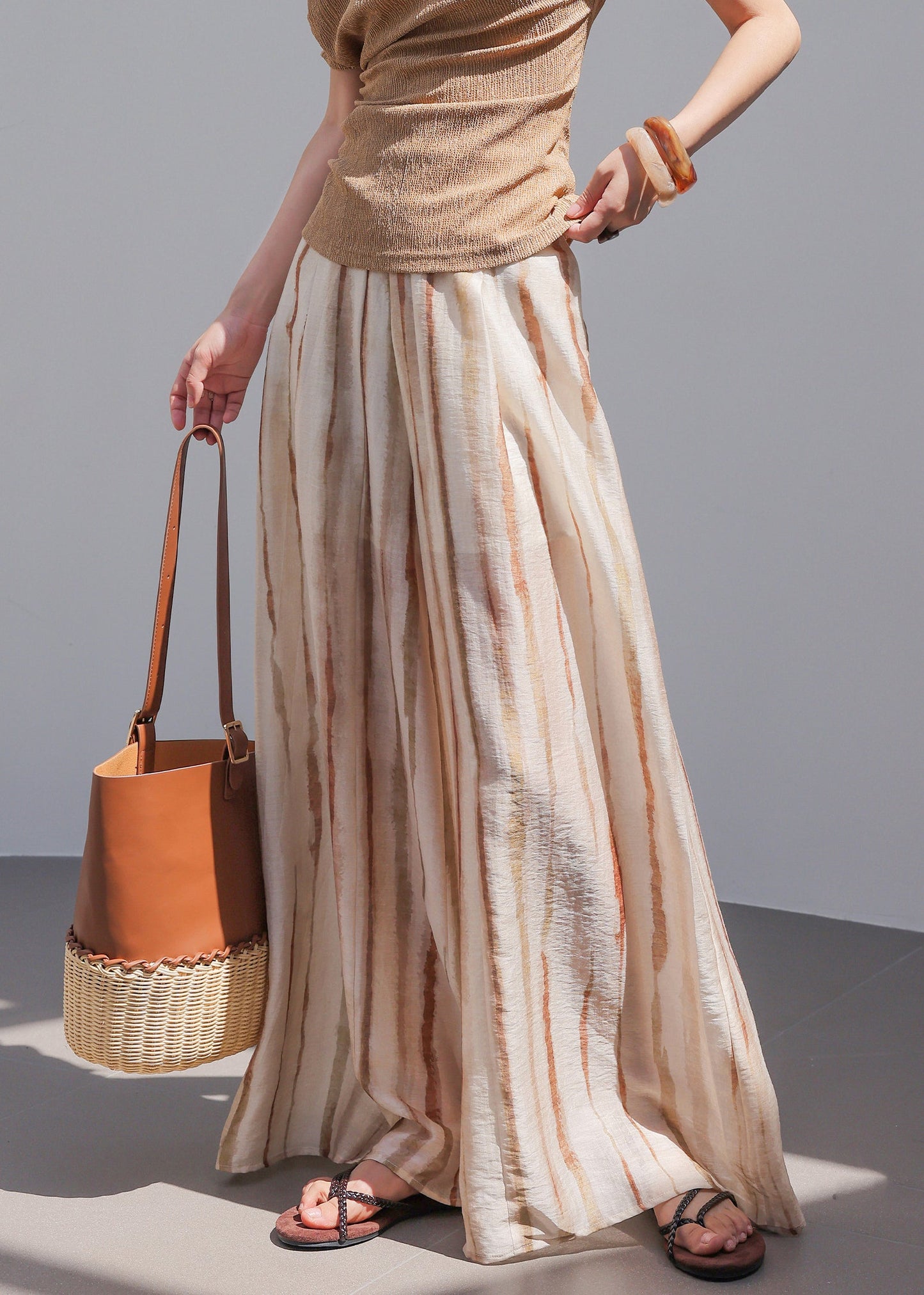 Natural Striped High Waist Wide Leg Pants Summer