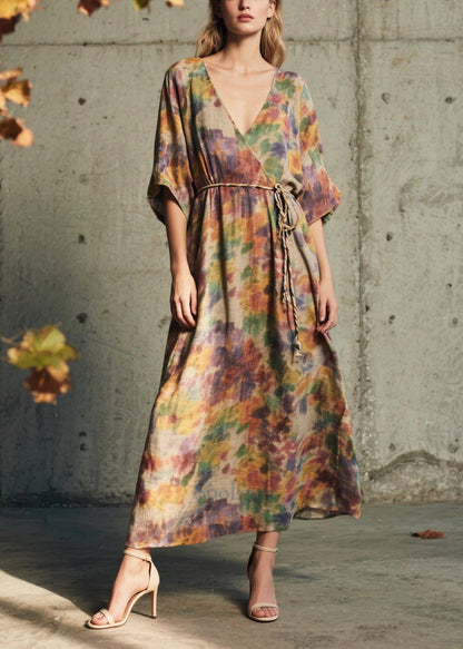 Natural Tie Waist Print Cotton Maxi Dresses Summer