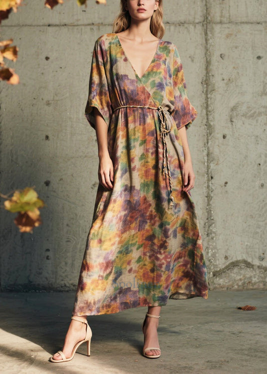 Natural Tie Waist Print Cotton Maxi Dresses Summer