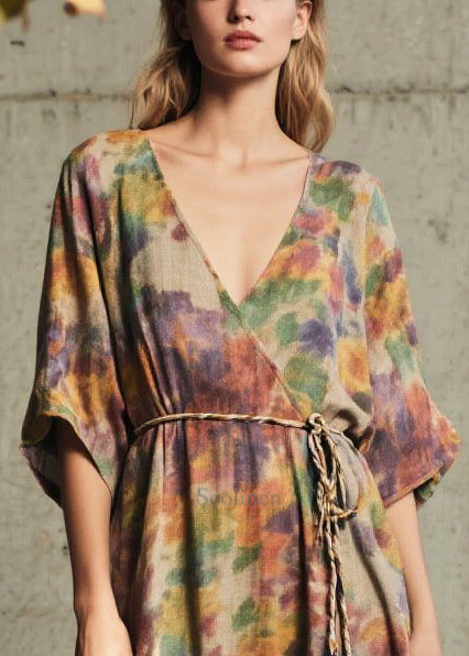 Natural Tie Waist Print Cotton Maxi Dresses Summer