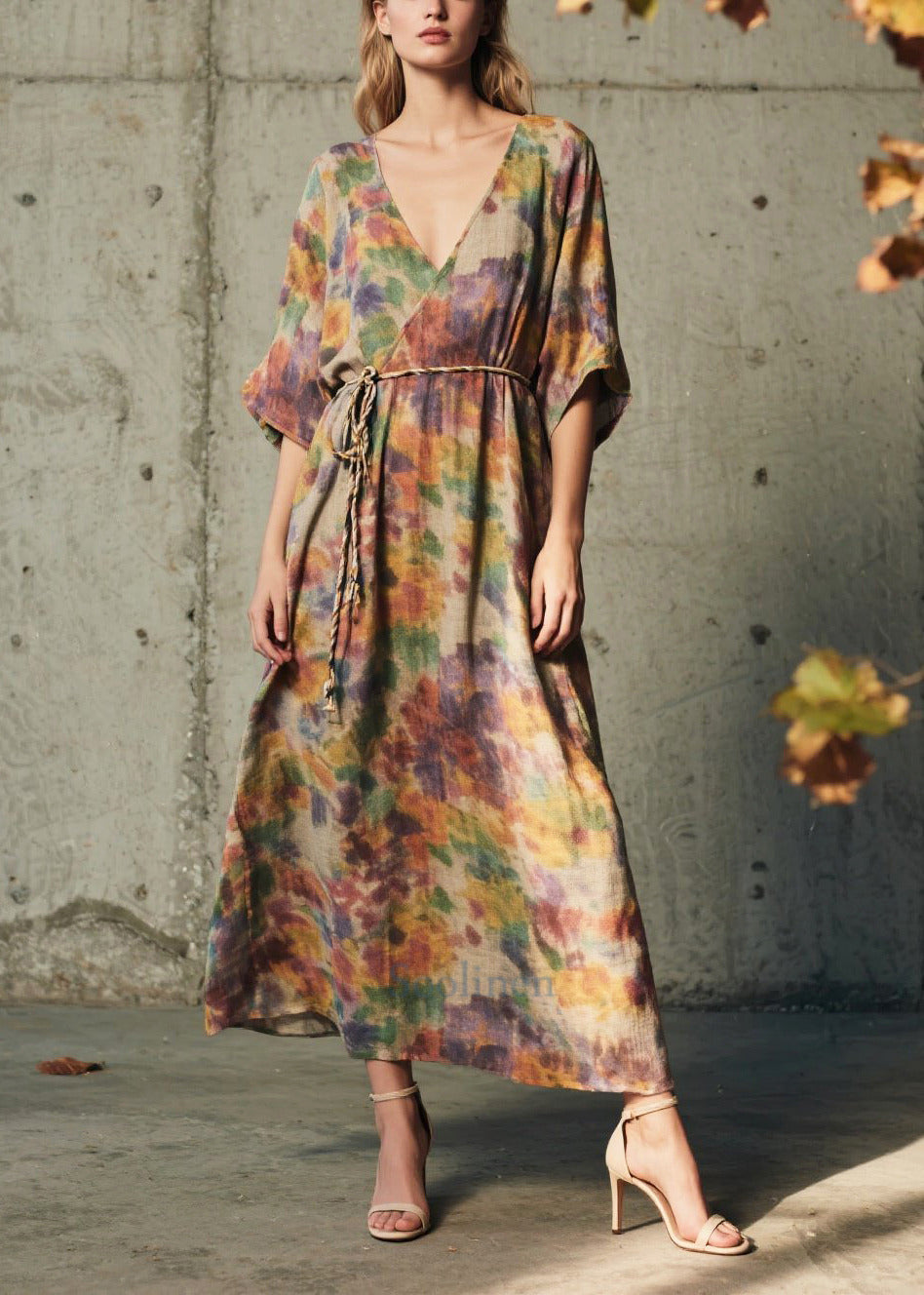 Natural Tie Waist Print Cotton Maxi Dresses Summer