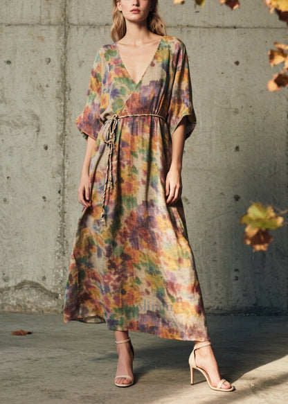 Natural Tie Waist Print Cotton Maxi Dresses Summer
