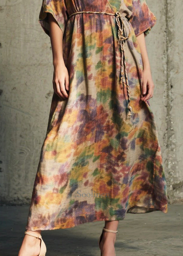 Natural Tie Waist Print Cotton Maxi Dresses Summer