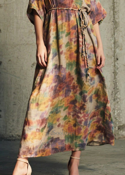 Natural Tie Waist Print Cotton Maxi Dresses Summer