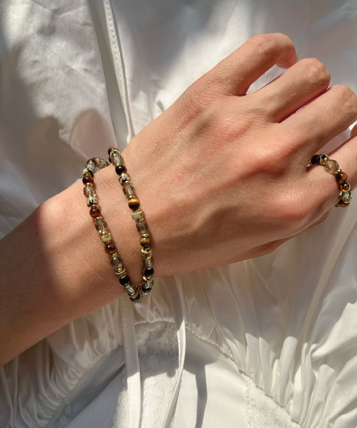 Natural Tiger Eye Stone Bead Glass Bead Chain Bracelet