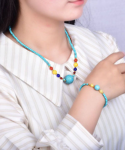 Natural Turquoise Unisex Bracelet And Necklace Set