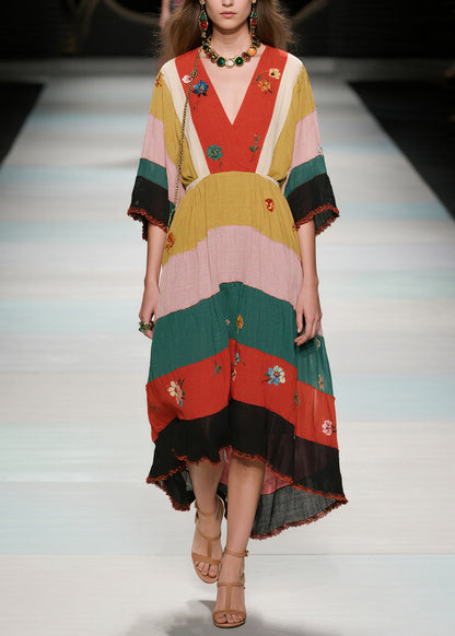 Natural V Neck Floral Patchwork Cotton Long Dress Summer