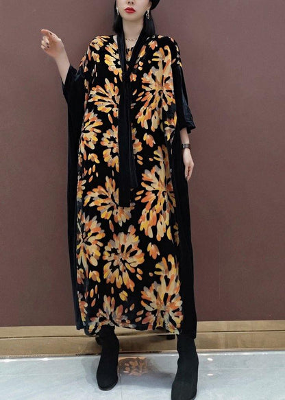 Natural V Neck Patchwork Spring Tunics For Women Fabrics Black Print Kaftan Dress - SooLinen