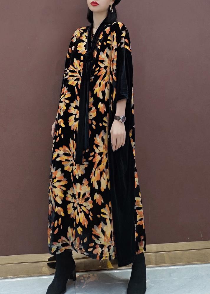 Natural V Neck Patchwork Spring Tunics For Women Fabrics Black Print Kaftan Dress - SooLinen