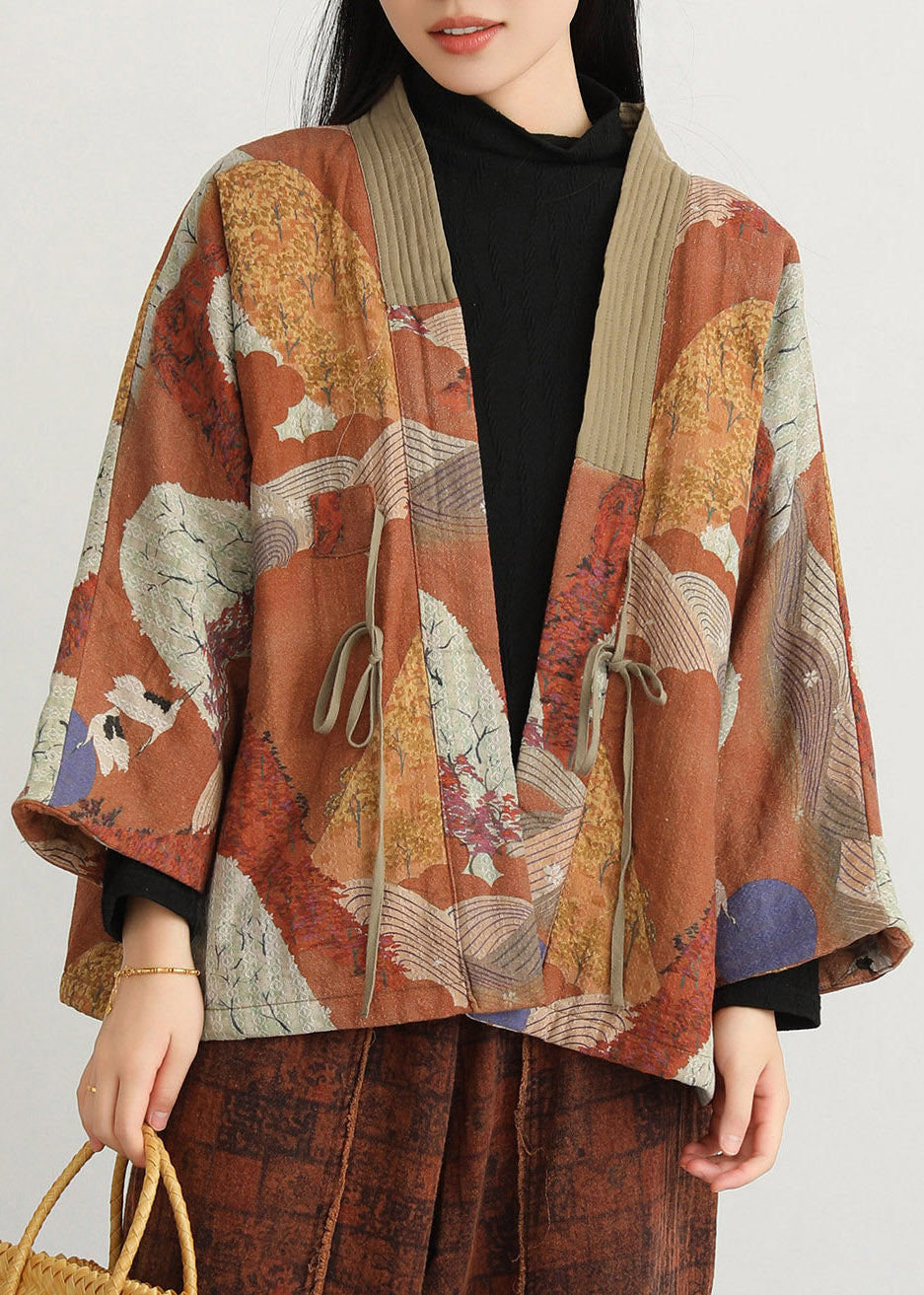Natural V Neck Print Tie Waist Parka Long Sleeve