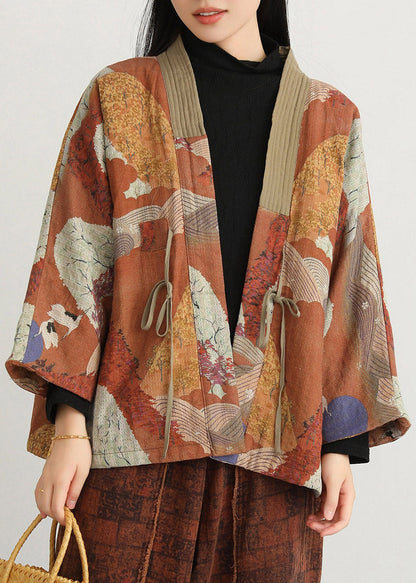 Natural V Neck Print Tie Waist Parka Long Sleeve