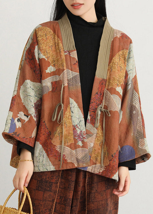 Natural V Neck Print Tie Waist Parka Long Sleeve