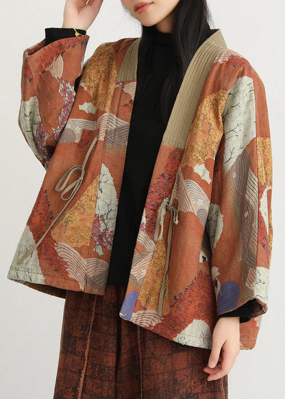 Natural V Neck Print Tie Waist Parka Long Sleeve