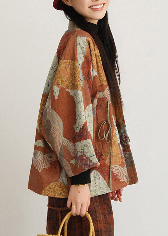 Natural V Neck Print Tie Waist Parka Long Sleeve
