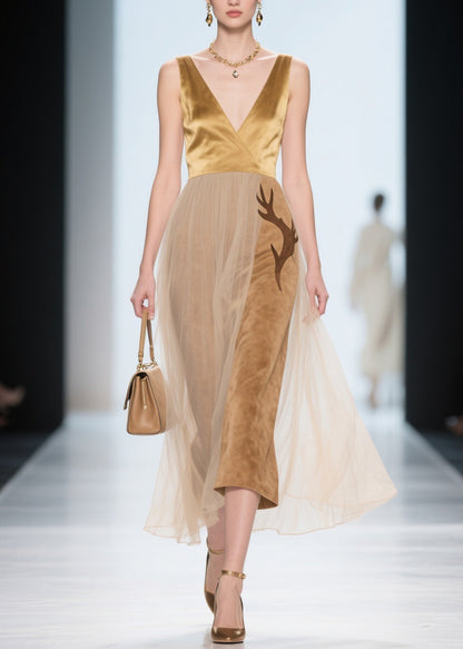 Natural V Neck Tulle Patchwork Silk Velvet Dress Sleeveless