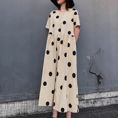 Natural V Neck Wrinkled Spring Tunics Work Outfits Dotted Long Dresses - SooLinen