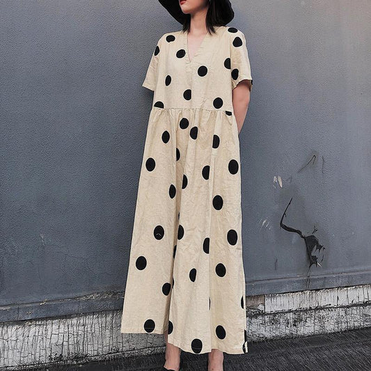 Natural V Neck Wrinkled Spring Tunics Work Outfits Dotted Long Dresses - SooLinen