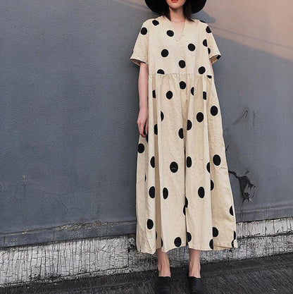Natural V Neck Wrinkled Spring Tunics Work Outfits Dotted Long Dresses - SooLinen