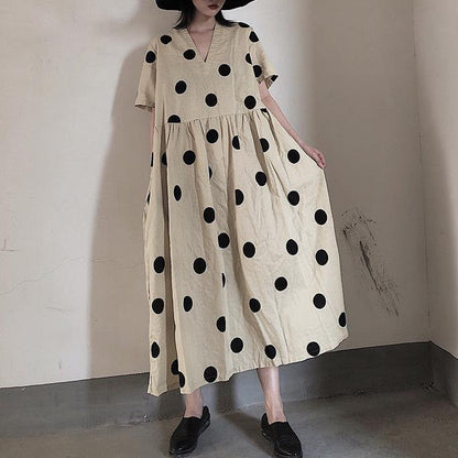 Natural V Neck Wrinkled Spring Tunics Work Outfits Dotted Long Dresses - SooLinen