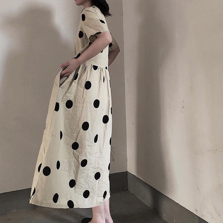 Natural V Neck Wrinkled Spring Tunics Work Outfits Dotted Long Dresses - SooLinen