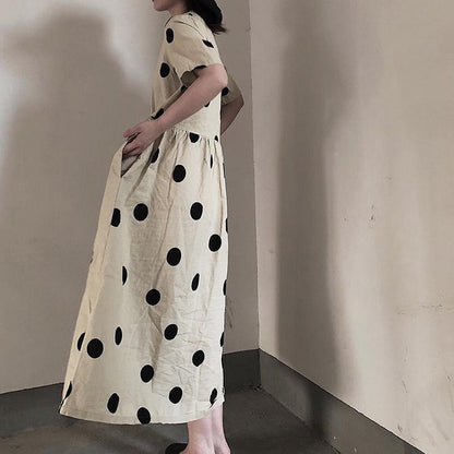 Natural V Neck Wrinkled Spring Tunics Work Outfits Dotted Long Dresses - SooLinen