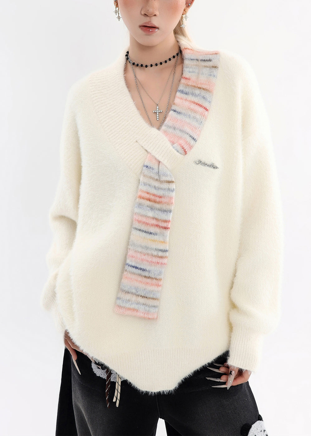 Natural White Asymmetrical Chunky Oversized Knit Sweater Winter