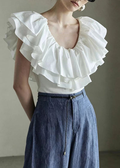 Natural White Double-layered Ruffled Cotton Shirt Top Summer