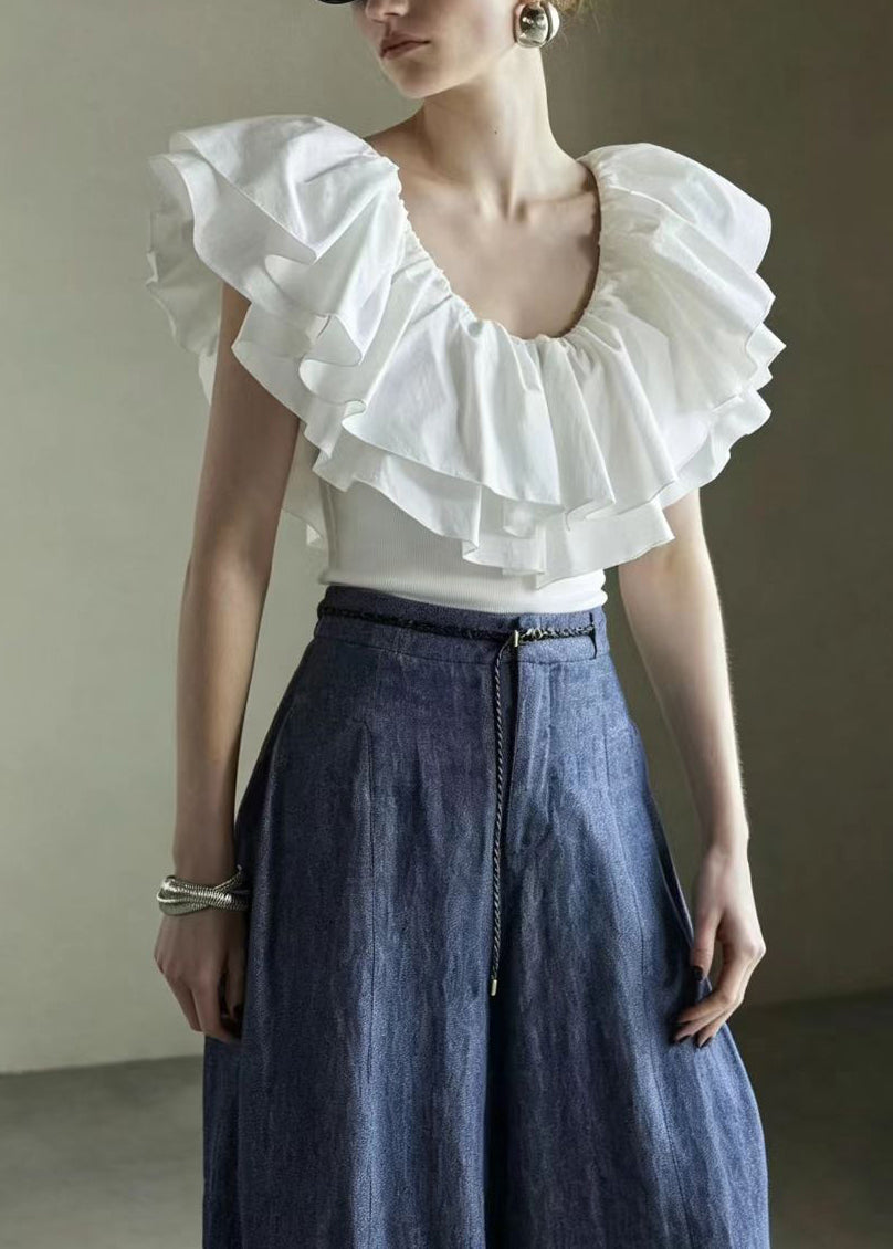 Natural White Double-layered Ruffled Cotton Shirt Top Summer