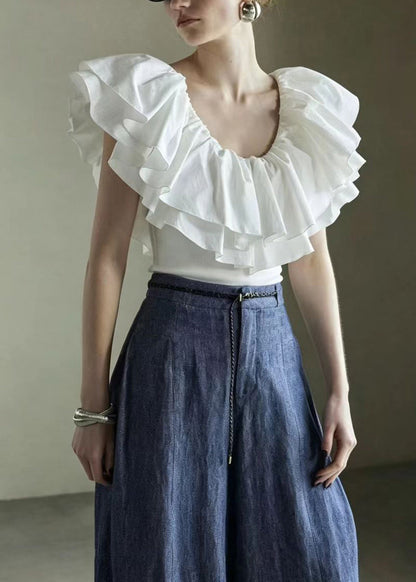 Natural White Double-layered Ruffled Cotton Shirt Top Summer