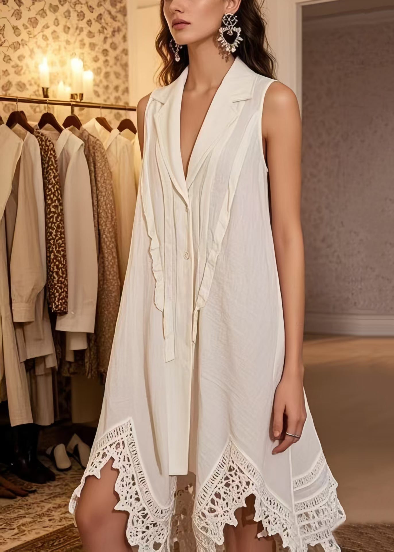 Natural White Notched Patchwork Lace Mini Dress Sleeveless