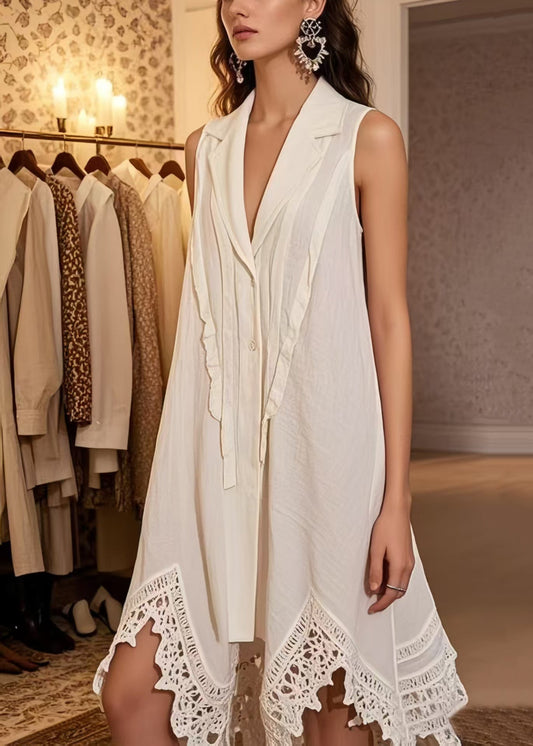 Natural White Notched Patchwork Lace Mini Dress Sleeveless