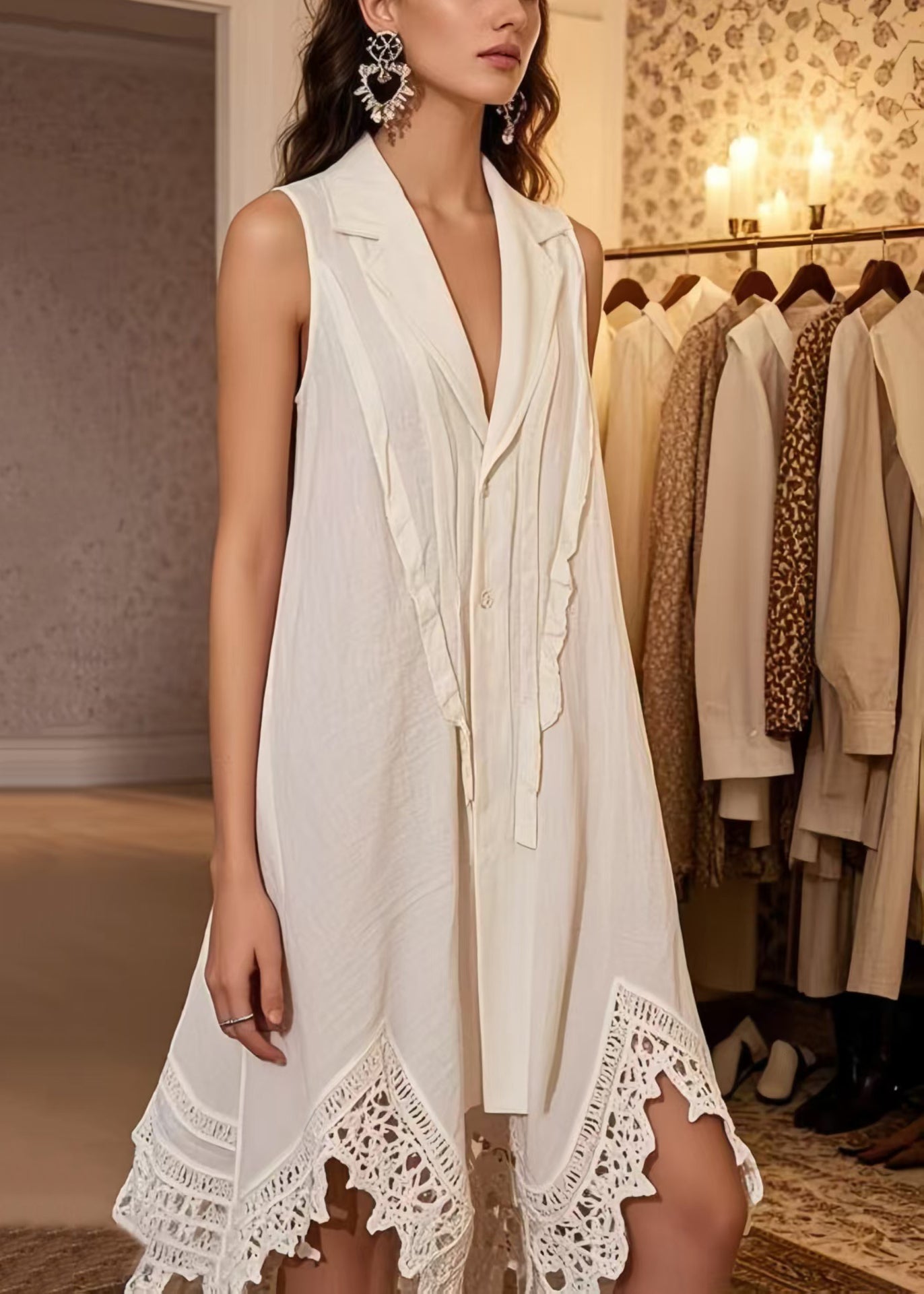 Natural White Notched Patchwork Lace Mini Dress Sleeveless