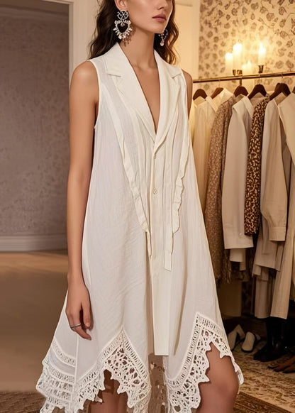 Natural White Notched Patchwork Lace Mini Dress Sleeveless