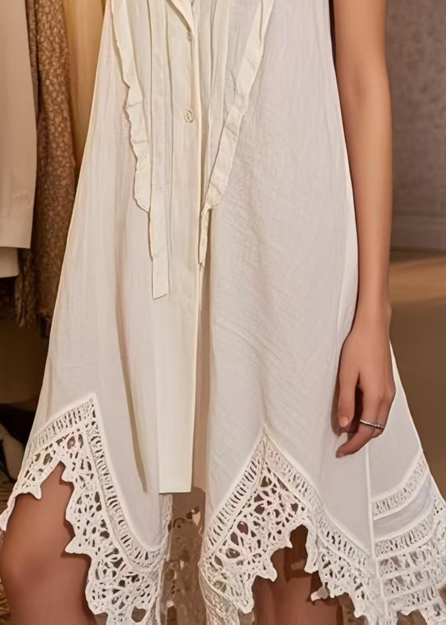 Natural White Notched Patchwork Lace Mini Dress Sleeveless