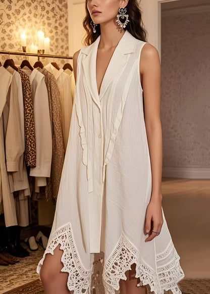 Natural White Notched Patchwork Lace Mini Dress Sleeveless