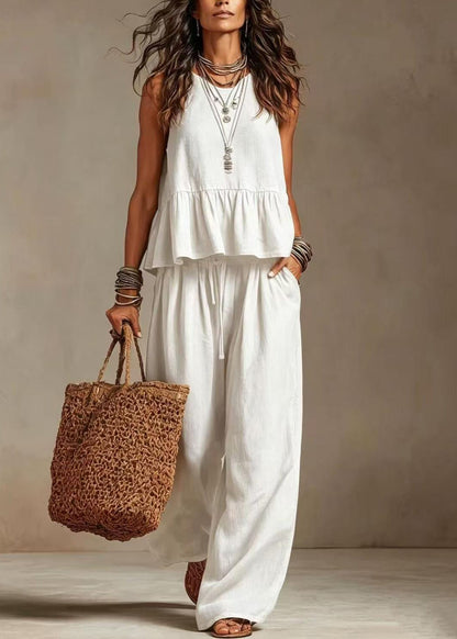 Natural White O-Neck Ruffles Drawstring Two Pieces Set Sleeveless