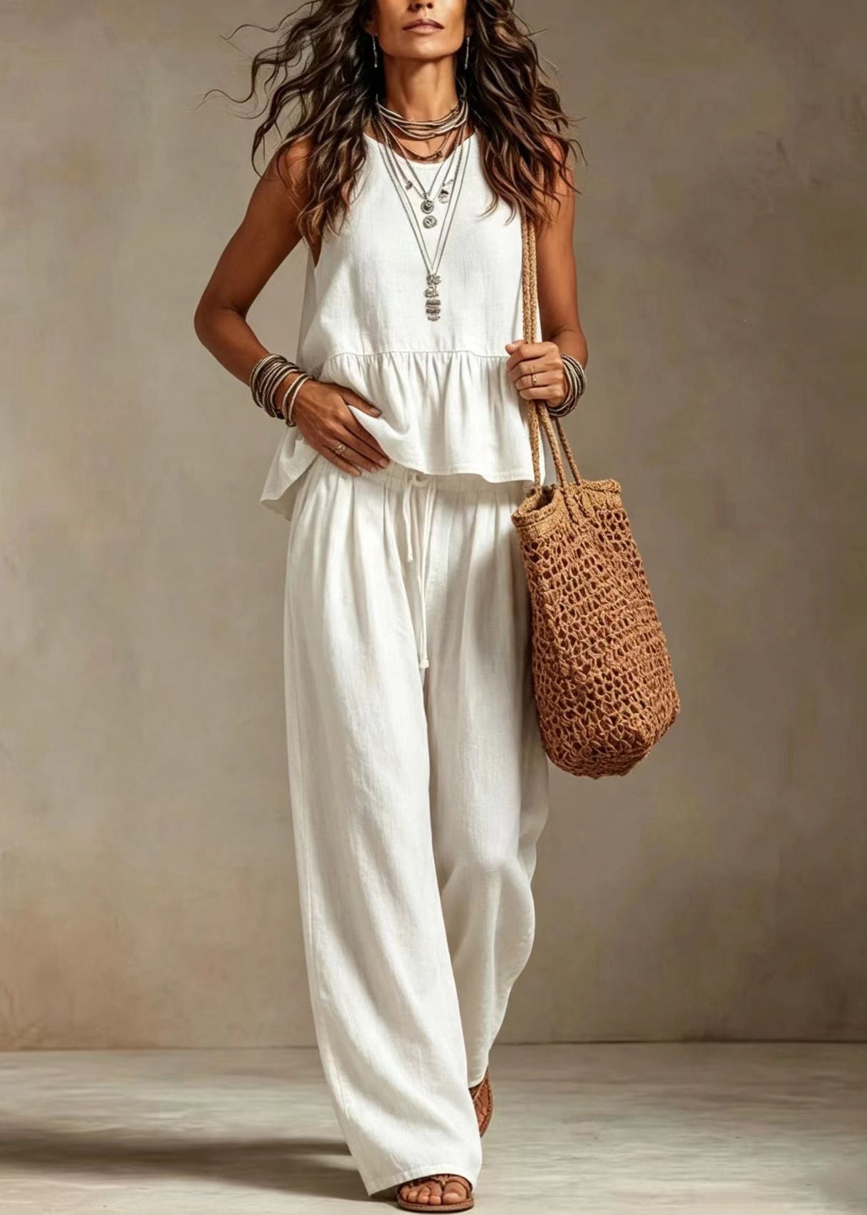 Natural White O-Neck Ruffles Drawstring Two Pieces Set Sleeveless