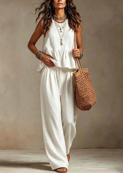 Natural White O-Neck Ruffles Drawstring Two Pieces Set Sleeveless