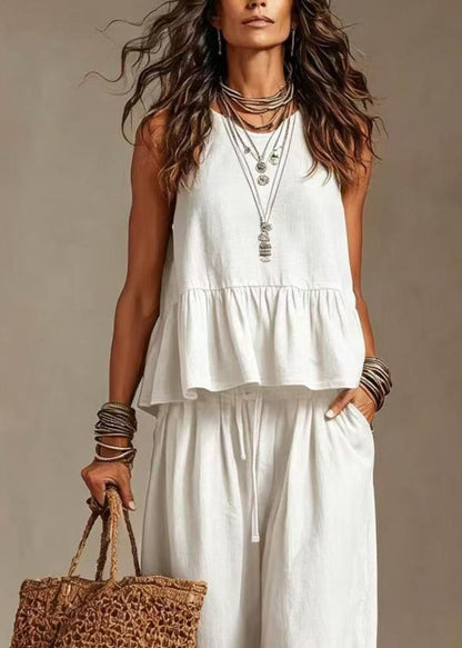 Natural White O-Neck Ruffles Drawstring Two Pieces Set Sleeveless