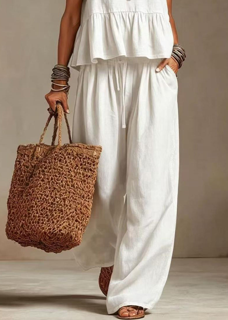 Natural White O-Neck Ruffles Drawstring Two Pieces Set Sleeveless