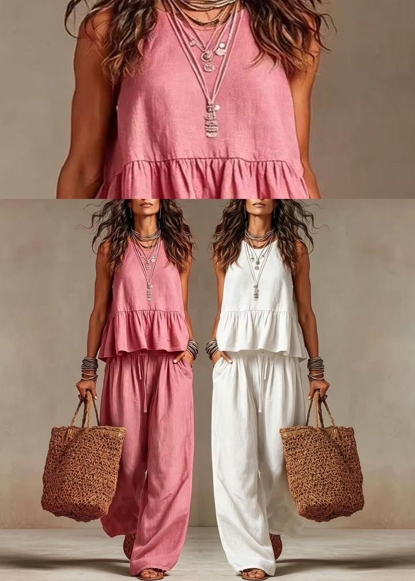 Natural White O-Neck Ruffles Drawstring Two Pieces Set Sleeveless