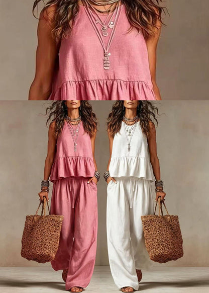 Natural White O-Neck Ruffles Drawstring Two Pieces Set Sleeveless