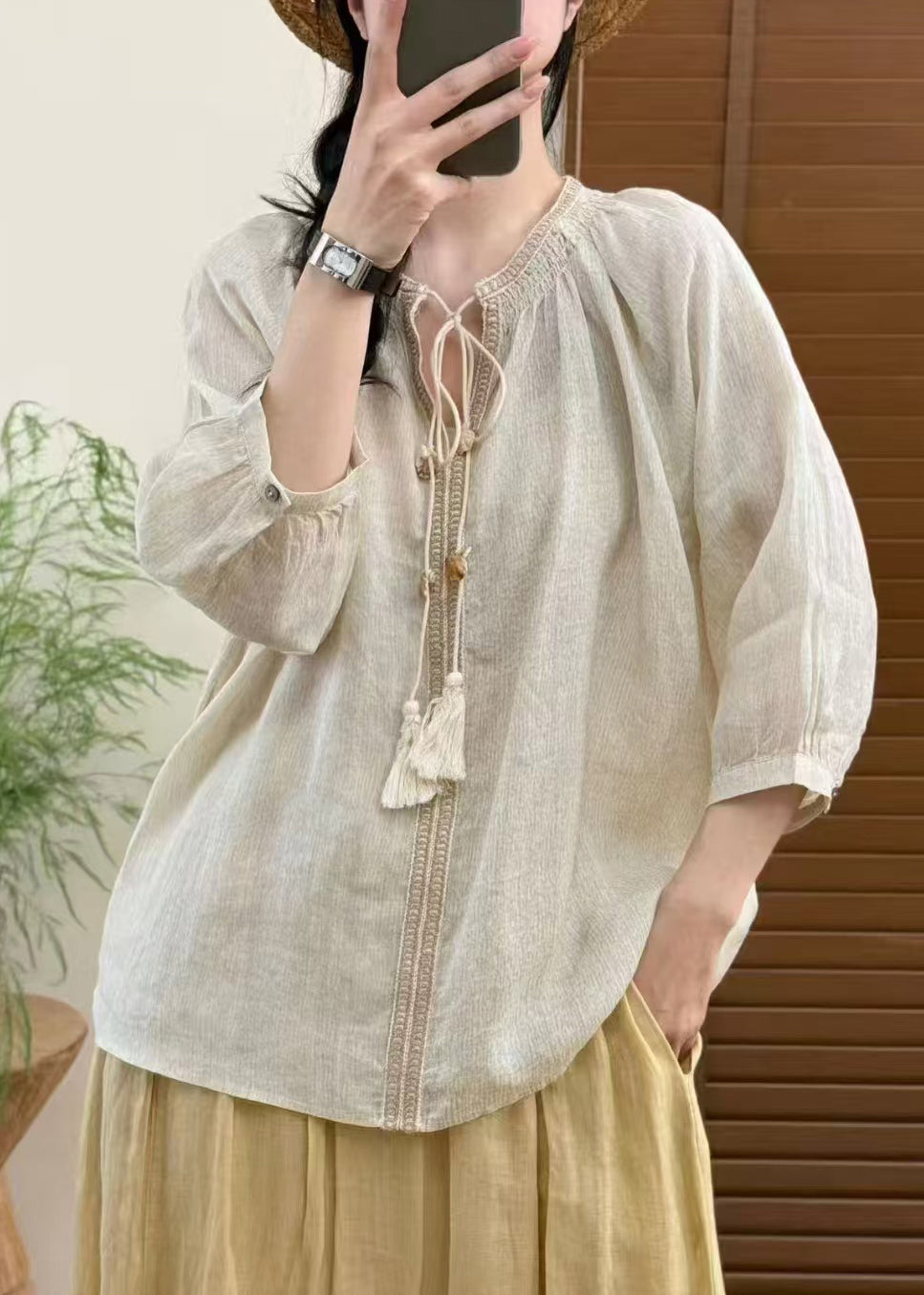 Natural White Oversized Lace Up Linen Blouse Top Summer